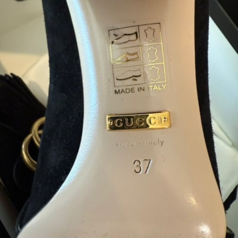 Gucci GG Marmont Fringe Loafer Pumps Black Suede Block Heel EU 37 - Picture 9 of 10